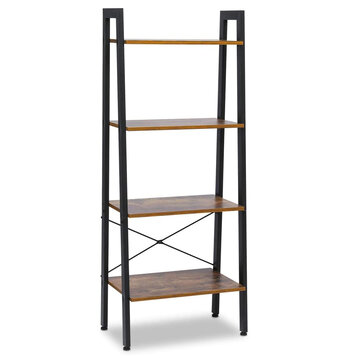 KingSo Industrial Ladder Shelf , 4-Tier Shelves Vintage Rustic Storage Rack Shelves, Wood Look Accent Furniture, Metal Frame