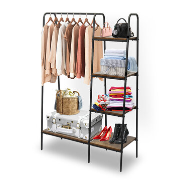 Kingso 251 Clothing Rack, Brown, 4 Wooden Shelves