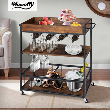 Wawaffy Bar Cart with Wine Rack Glass Holder, Kitchen Serving Cart with Lockable Universal Casters, Industrial Bar Cart for Home & Bar, Rusic Brown