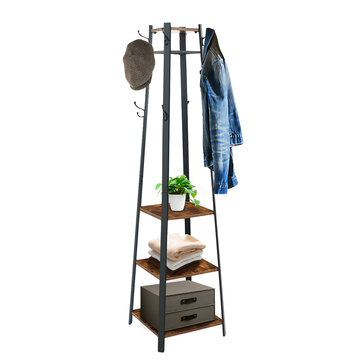 KingSo Coat Rack Stand with Storage Shelves Free Standing with Hooks, Industrial Wood Coats Stand for Entryway Hallway