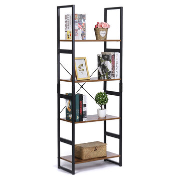 KingSo Industrial Ladder Shelf 4-Tier Shelves Bookshelf Large Storage Rack Shelves, Ladder Bookcase with Wood Look & Metal Frame Accent Furniture
