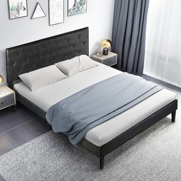KingSo Full/Queen Size Bed Frame, Upholstered Panel Platform with Adjustable Faux Leather Headboard,Black Bed,No Box Spring Needed