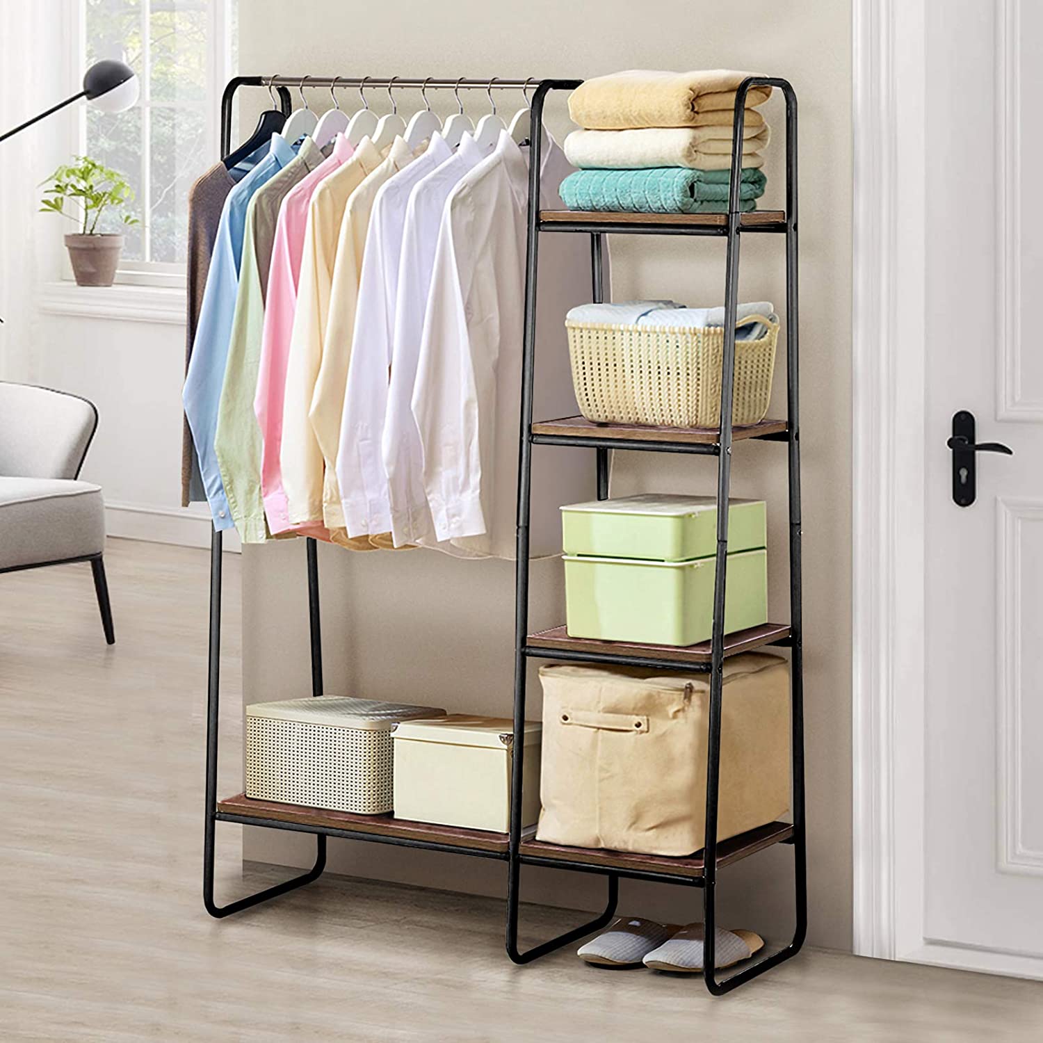 KingSo Metal Garment Rack with Multi Wood Shelves, MultiFunctional