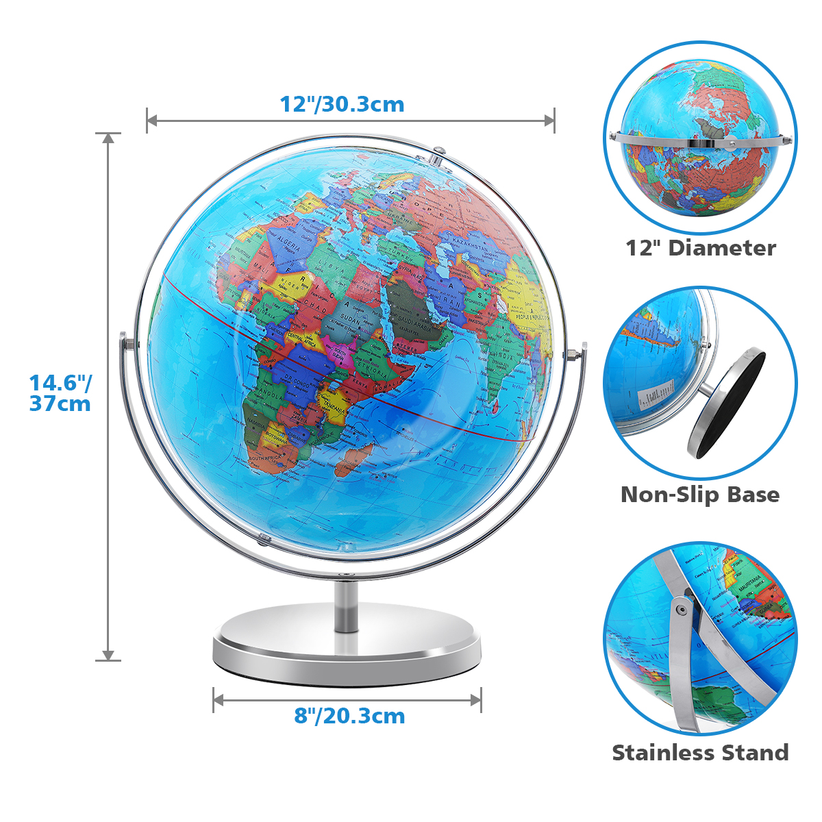 KingSo World Globe 12 Inch Diameter Globe for Kids 720 Degree Rotation