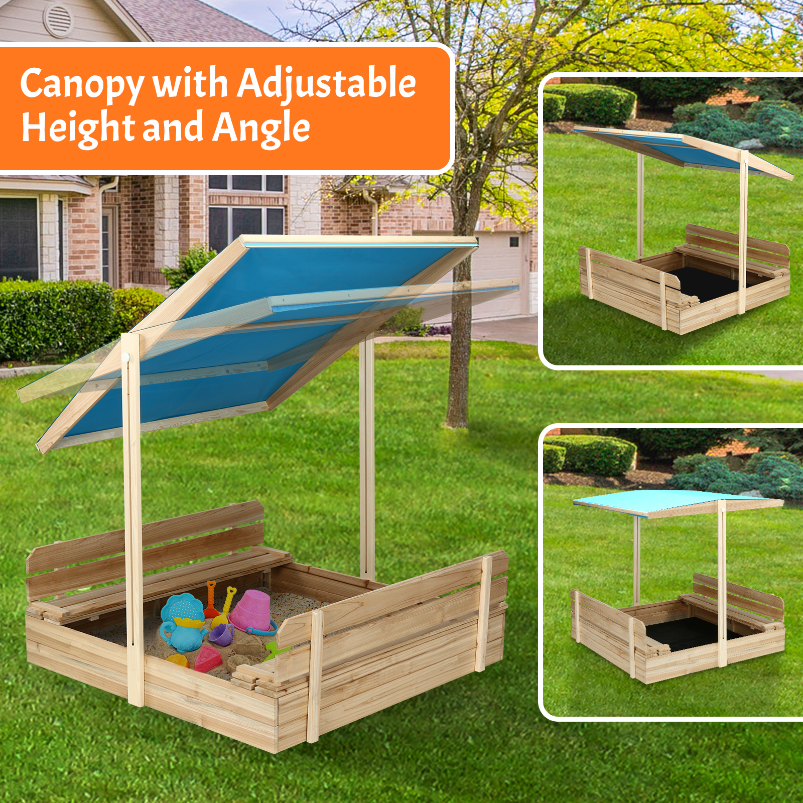KingSo Kids Sandbox with Cover Wooden Outdoor Sandbox with Canopy, 2