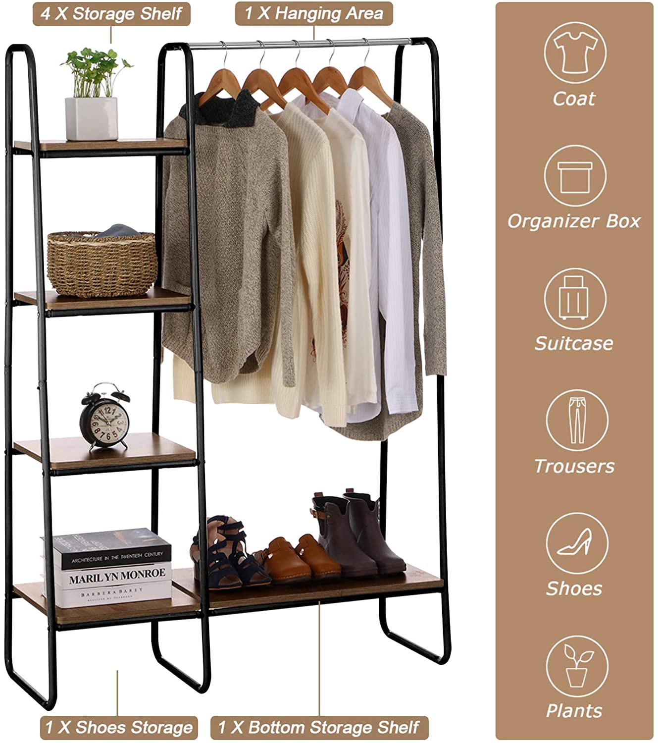 KingSo Metal Garment Rack with Multi Wood Shelves, MultiFunctional