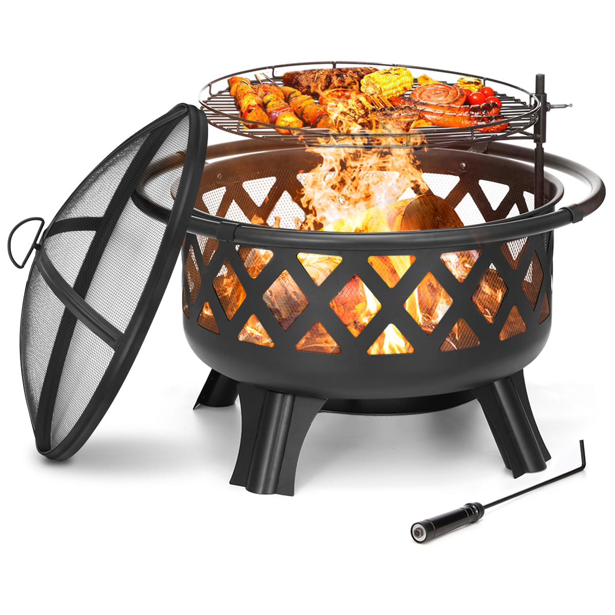 22’’Fire Pit Bowl Wood Burning with Protective Grille & Poker Multifunctional for Heating/BBQ Garden Patio Fire Pot,Portable BBQ Grill for Camping Beach Bonfire Picnic Garden 