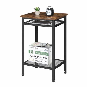 KingSo Industrial Side Table, End Telephone Table with 2-Tier Mesh Shelves for Office Hallway or Living Room, Wood Look Accent Furniture with Metal Frame, Tall and Narrow, Easy Assembly, Rustic Brown