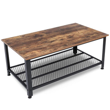 KingSo Industrial Coffee Table with Storage Shelf, Wood Look Accent Furniture with Metal Frame, Rustic Brown