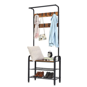 KINGSO Hall Tree 9 Hooks, Industrial Coat Rack Shoe Bench Entryway Coat Shoe Rack 3-Tier Shoe Bench, 3 in 1 Design Wood Look Accent Furniture