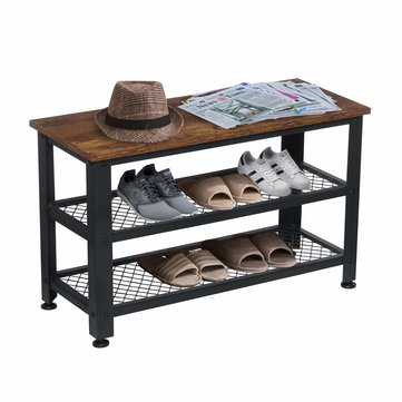 KingSo Shoe Bench, 3-Tier Industrial Shoe Rack Bench with 2 Mesh Shoe Storage Shelves & Seat, Easy Assembly Wood Look Accent Furniture Metal Frame Entryway Bench Shoe Organizer for Closet Hallway
